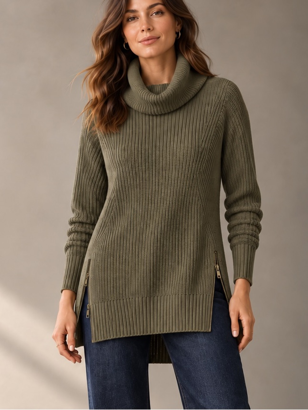 Banana Republic Olive Ribbed Cowl Neck Zip Tunic Sweater M